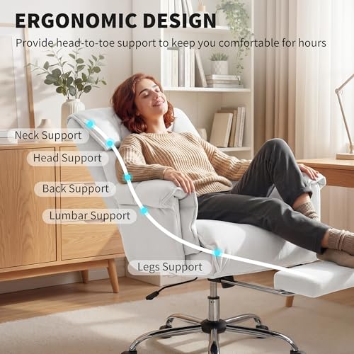 Image of HOMCOM Executive Office Chair Comfy with Foot Rest, Reclining Swivel Computer Desk Chair with High Folding Back, Thick Cushion, Padded Armrest, Adjustable Height, Rolling Wheels, Cream White