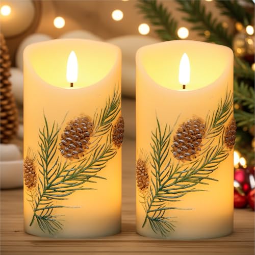 Image of Wondise Flameless Candles with Timer, Battery Operated Flickering 3D Wick Real Wax Pine Cone Candles for Christmas Holiday Indoor Decoration, Set of 2, Ivory(D3 x H5.7 Inch)