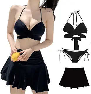 [Kuhvvse] 水着 レディース ビキニ 盛れる 体型カバー クロスビキニ ワイヤー入り パッド付き セクシー 3点セット セパレート 黒 白 ビーチ プール 海水浴 温泉