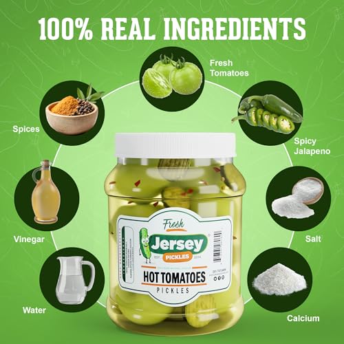 Image of Jersey Pickles - Hot Pickled Tomatoes (1 /2 Gallon) - Pickled Vegetable - Handcrafted Gourmet Topping for Sandwiches, Charcuterie & More