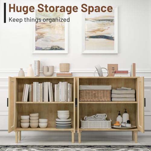Rovibek Set of 2 Natural Rattan Storage Cabinets for Living Room, Entryway, Bathroom, and Kitchen