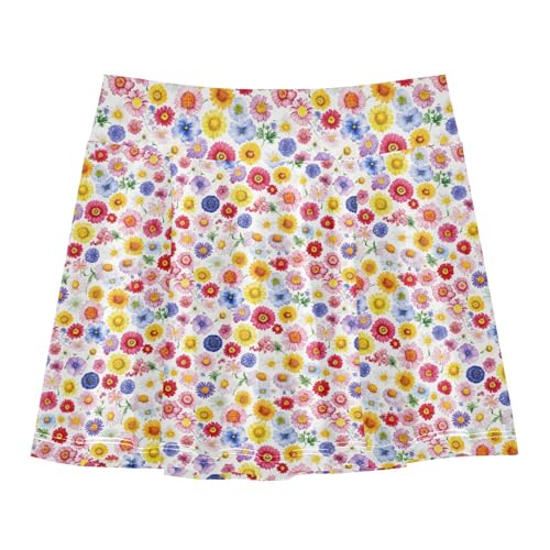 JUNZAN Daisies Colorful Tennis Skirt for Girls with Shorts Flowy Kids Pleated Skort with Pockets Little Girls Golf Skort