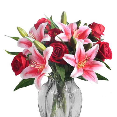 HUAESIN Artificial Flowers Valentine's Day Red Fake Roses and Pink