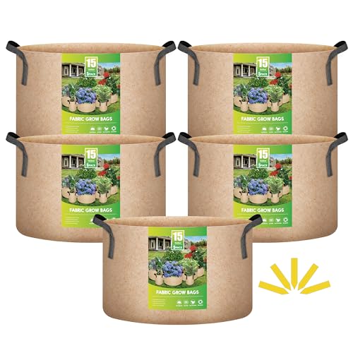 Image of iPower 5 Pack 15 Gallon Tan Grow Bags, Garden Planting Nonwoven Fabric Pots with Reinforced Handle, Heavy Duty and Aeration Planter Pot for Tomato, Fruits, Vegetables and Flowers