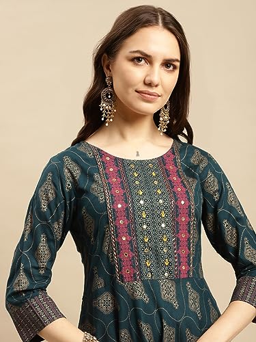 Image of rangita Teal Rayon Calf Length Embroidered Anarkali Kurti for Women | Kurta for Women