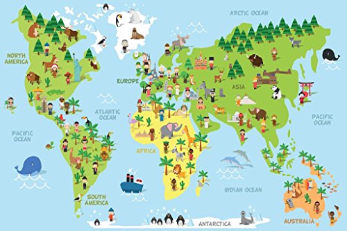 Cartoon World Map Children Animals Monuments Educational Travel World Map with Cities in Detail Map Posters for Wall Map Art Wall Decor Geographical Illustration Cool Wall Decor Art Print Poster 36x24