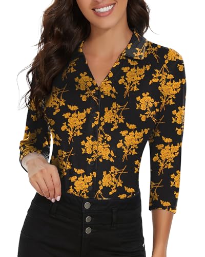Image of Soneven Womens Golf Polo Shirts 3 /4 Long Sleeve V Neck Button Down Shirts Business Causal Work Blouses Tops