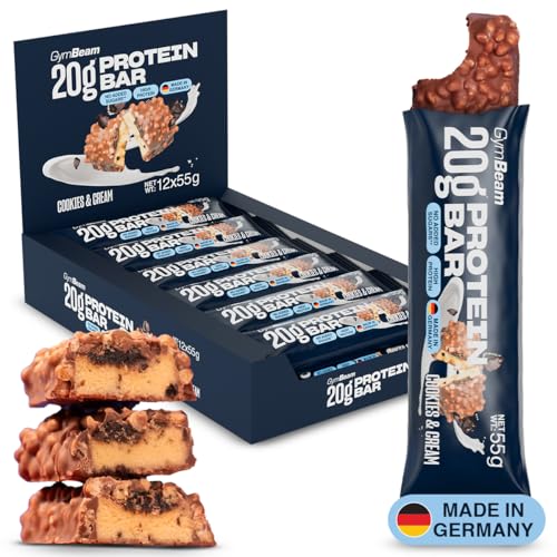 GymBeam Barretta Proteica 20 g - Snack ad Alto Contenuto Proteico Senza Zuccheri Aggiunti, Rivestimento Croccante al Cioccolato, Supporto alla Crescita Muscolare (12 x 55 g, Biscotti e Panna)