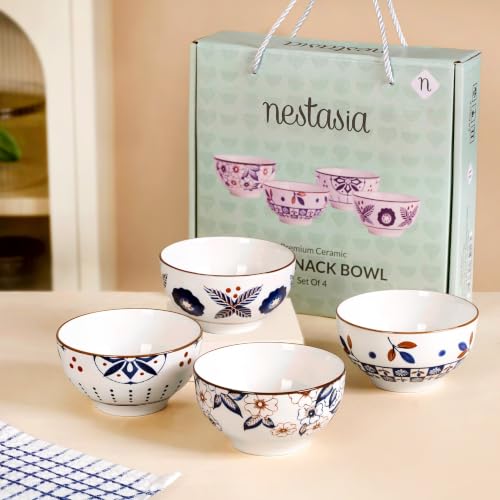 Image of Nestasia Ceramic Snack Bowl Set of 4 (350 ml Each) - Microwave & Dishwasher Safe Serving Bowl with Gift Box | 100% Food Safe Dinner Bowls - for Soups, Noodles & Curry (Geometric & Floral Design)