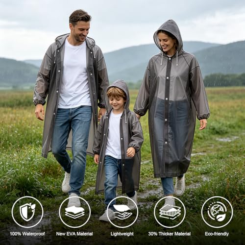 Image of PALAY 3PCS Family Raincoat Set EVA, 2 Adult & 1 Kids Waterproof Hooded Rain Ponchos, Reusable Lightweight Rain Gear with Snap Closure, Portable Outdoor Travel Rainwear for Men Women Children