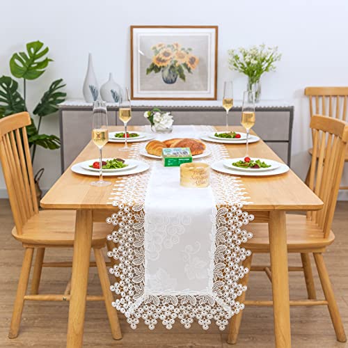 BrekSdat Lace Table Runner Waterproof Fabric Washable Off White 16x70inch