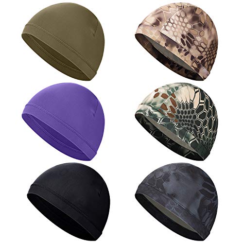 SATINIOR 6 Pieces Unisex Helmet Liner Skull Cap Cooling Cycling Cap Sports Helmet Cap Sweat Wicking Cap (Black, Green, Purple, Camouflage)
