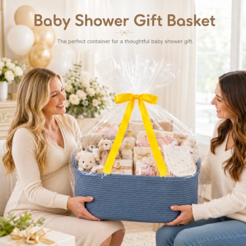 Image of OIASKET Large Empty Cotton Rope Gift Basket with Handles, 16.5 inchx12.6 inchx7 inch Decorative Woven Storage Basket with Gift Bag and Ribbon Set for Baby Shower, Toy Organizer for Kids, Dogs & Cats - Blue