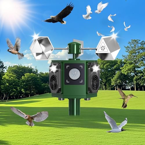 2026 Solar Ultrasonic Bird Repellent Devices Pigeon Repeller Animal Repellent Outdoor with Motion Sensor Flash Light, Reflective Bird Deterrent Spinners to Keep Birds Goose Animal Away from Patio Farm