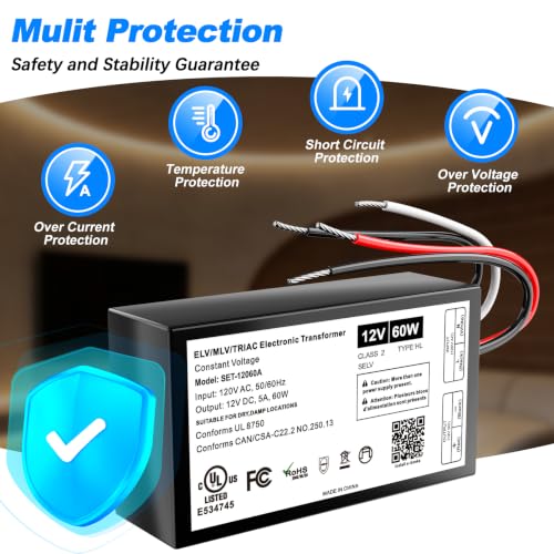 Image of 60W 12V Dimmable LED Driver with Connectors, Triac /ELV /MLV AC to DC Power Supply for LED Light, Halogen Bulb, LED Transformer Compatible with Lutron & Leviton Dimmer, UL&FCC-Listed, Class 2
