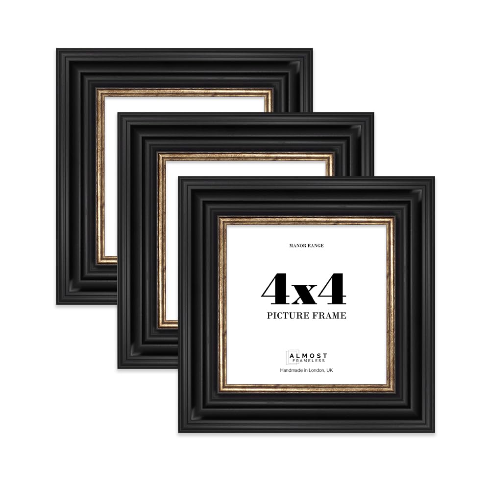 4x4 Picture Frame, Display 4x4 Pictures (10.2 x 10.2cm) - Black & Gold Rich-toned 42mm Edge Ideal for Home Gallery Display - 3 Pack
