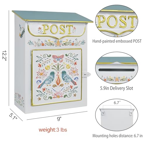 Image of Mailbox Wall Mount Mailboxes for Outside Vintage Mail Boxes for House Outside Metal Drop Box Antique Style Nostalgic Charm Home Decorative, Flower Pattern