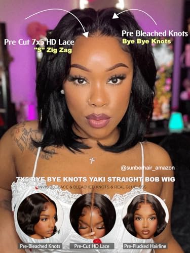 Image of Sunber Glueless Yaki Straight Bob Wigs Pre Plucked Pre Bleached 14inch