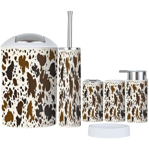 XNGJEMVWXO Bathroom Accessory Set 6 Piece Cow Leather Skin Brown Pattern Toothbrush Holder, Toothbrush Cup, Soap Dispenser, Soap Dish, Toilet Brush Holder, Trash can for Countertop Rustic Decor
