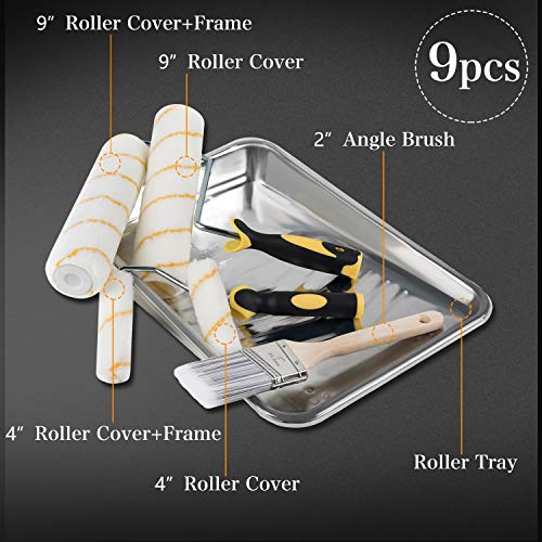 Eterna Paint Roller Kit, 9 Pieces Paint Supplies For House Painting, With Metal Paint Tray&9 Inch+4 Inch Paint Rollers&Cover&Frame&Brush, Perfect For Wall Decorating Home Diy Improvement #TOP1