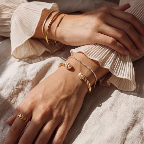 Image of Fettero Gold Cuff Bangle Bracelets for Women - 14K Plated Adjustable Open Cuff Gold Bangles Charm Elegant Twisted Cable Bangle Friendship Bracelets Lightweight Bracelet for Dainty Jewelry
