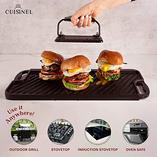 Cuisinel Cast Iron Griddle/Grill + Burger Press + Pan Scrapers - Reversible Pre-Seasoned 20" X 10" Dual Handle Flat Skillet + Griller Pan + Cleaning Accessories - Use Indoor/Outdoor Stove Burner, Gas - Thumbnail 2