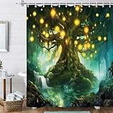 Forest Fairy Tales Shower Curtain, Lanterns and Waterfalls Under Fantasy Large Tree Bohemian, Waterproof Fabric Bathroom Decor, 69X75IN Bath Curtains Accessories with 12pcs Hooks