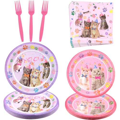 Cat Birthday Party Supplies Set, Including Dinner Plates, Dessert Plates, Napkins, Forks, for Kids Cat Party Decorations, Serves 20 Guest