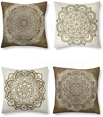 SUMGAR Boho Cushion Covers Coffee Brown Mandala Cushions Beige Pillow Case Decorative Pillowcases Indian Home Decor for Bedroom Living Room Sofa Bed Car Sear Floor with Invisible Zipper 18x18 Set of 4
