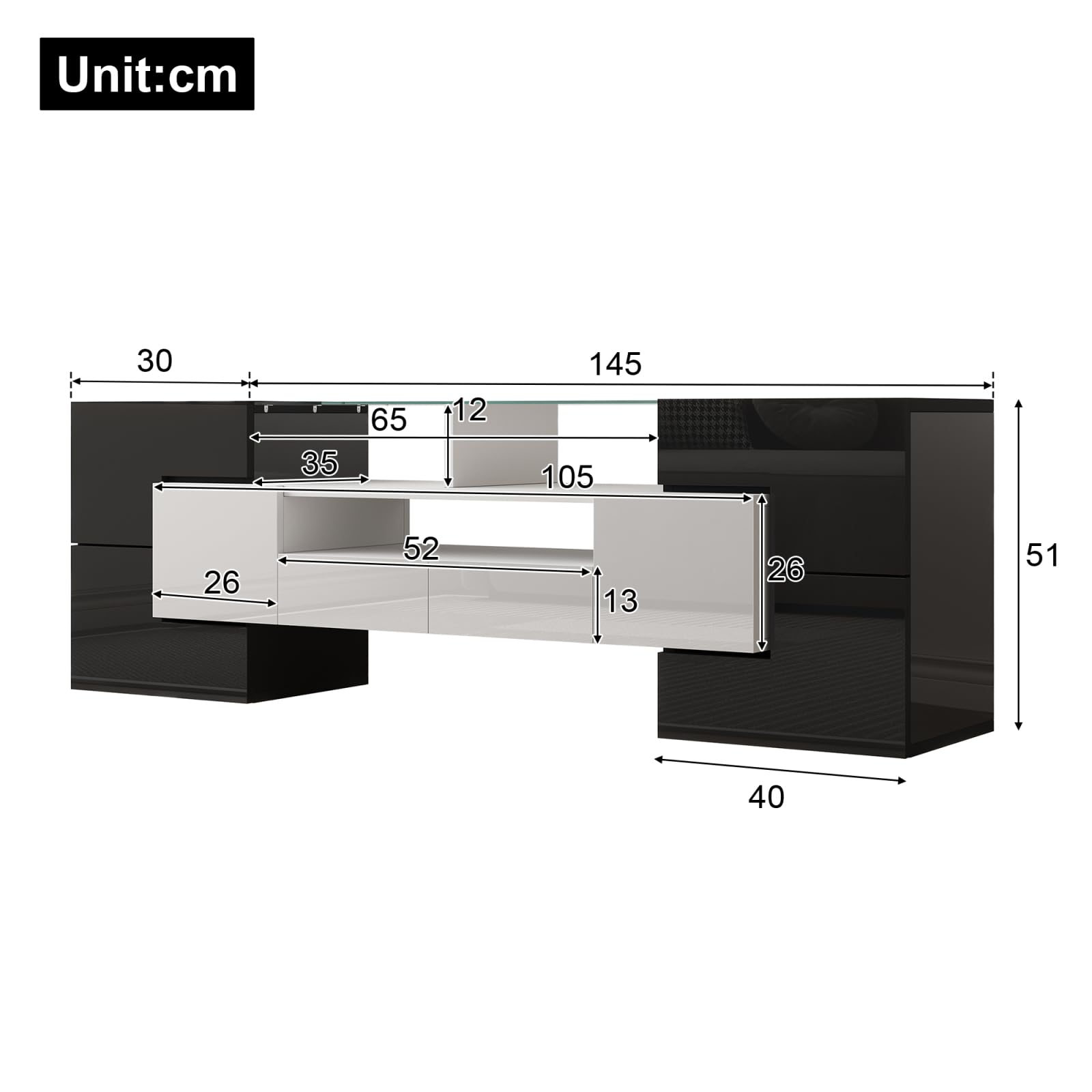 Moderner LED TV-Schrank für Fernseher bis 65 Zoll, Fernsehschrank mit 6 Schließfach, 2 Schubladen,Fernsehtisch mit Glastischplatte, Hochglanz TV Lowboard für Wohn- und Esszimmer (Schwarz + Weiß)