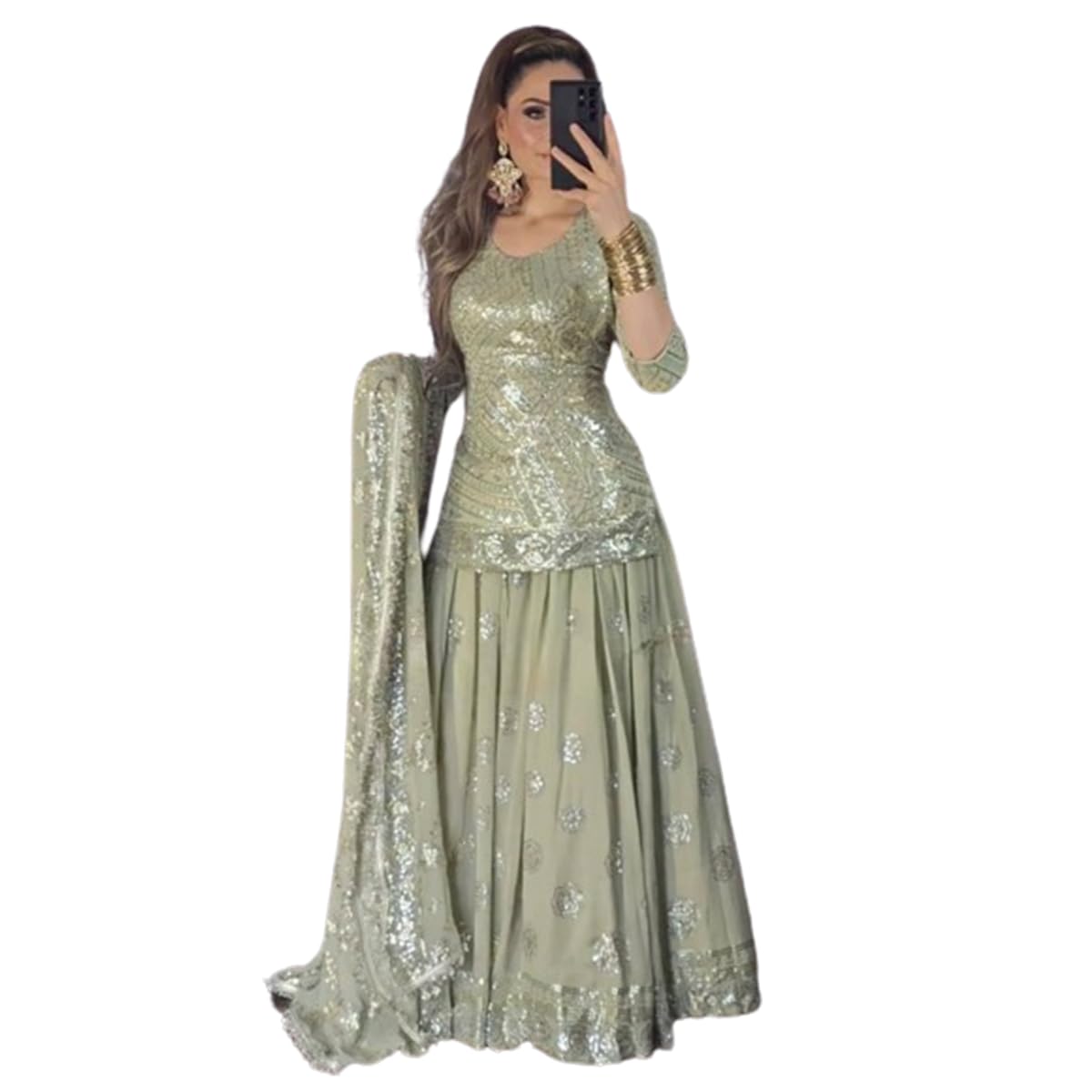 shafnufab Women's Georgette Stitched Suit SF201475 Light Green-picture-38