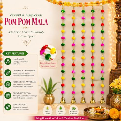 Image of Bindian Multicolor Pom Pom Beads & Golden Bell Toran for Main Door, Pack of 10 Door Hanging Decorative Items, Home Decor Wall Hanging Decoration, Pooja Room Decor, Festival Decoration