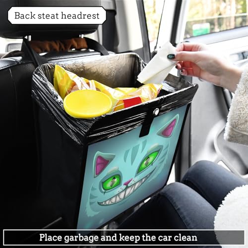 Image of Fantasy Scary Laugh Cat Car Trash Can, Foldable Hanging Car Trash Bag, Cheshire Cat Green Eye Halloween Small Waterproof Car Accessories Garbage Bin