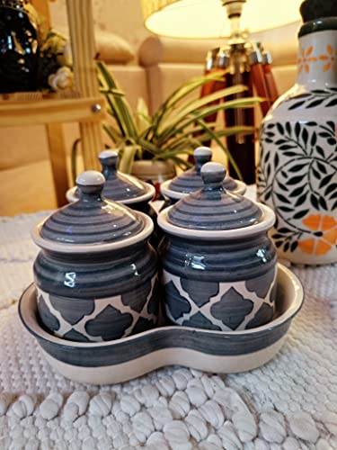 Image of Niyara Multipurpose Storage Ceramic Pickle set Jars with Lid & tray (Set of 4, 300 ml) (Grey Moroccan)