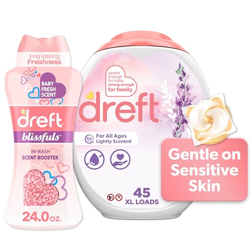 Dreft Laundry Bundle: Dreft Detergent Pacs, Lightly Scented, Lavender, HE Compatible, 45 Count + Dreft Blissfuls In-Wash Scent Booster Beads, Baby Fresh Scent, 24 oz