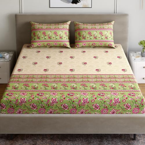 Image of Home Ecstasy 100% Cotton King Fitted Bedsheet with 2 Pillow Covers - (Size 72 x 78 inches, TC, Colour - Green)
