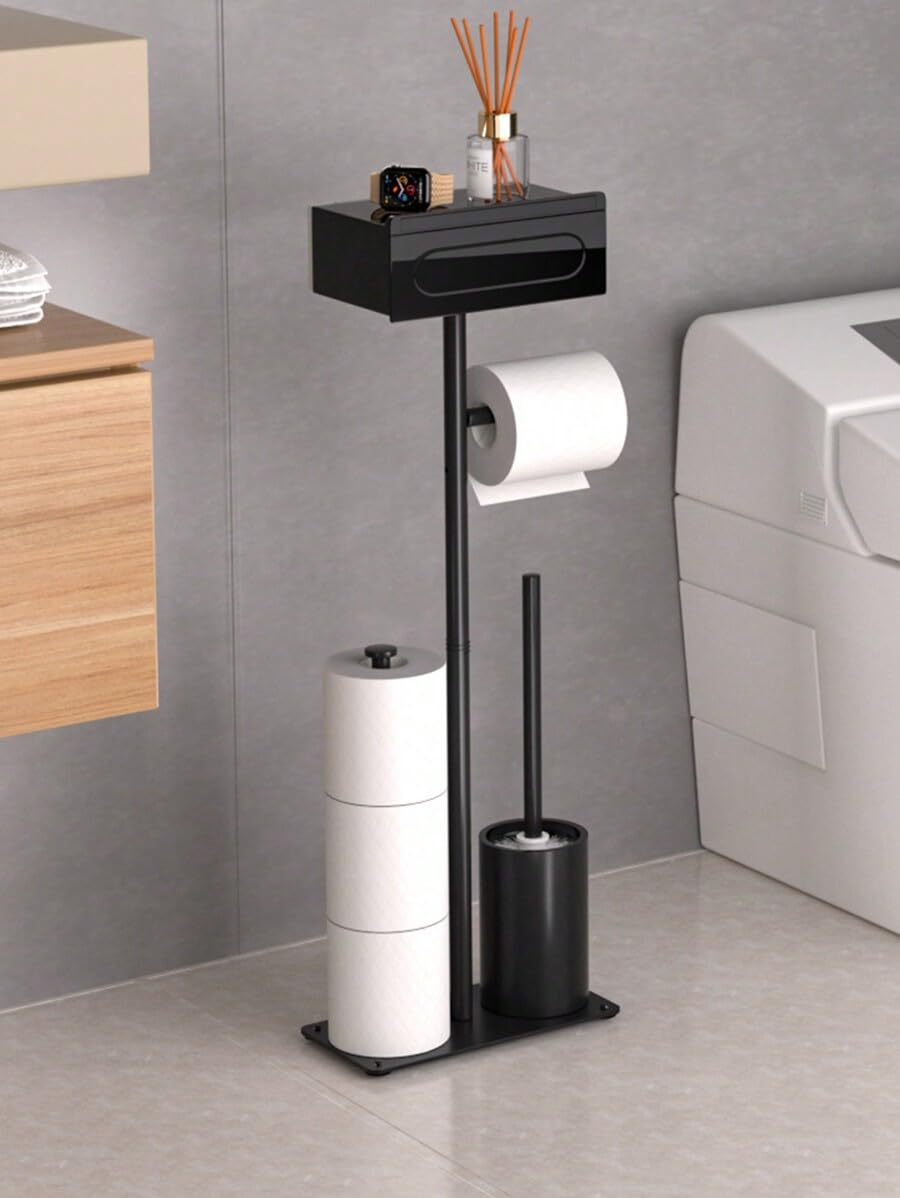 Toilet Paper Holder Stand Standing Paper Holder Toilet Paper Stand Metal Holder Top Shelf Storage Multifunctional Carbon Steel Free Standing Toilet Paper Holder Drawer Box Toilet Brush Bathroom Accessories with Storage