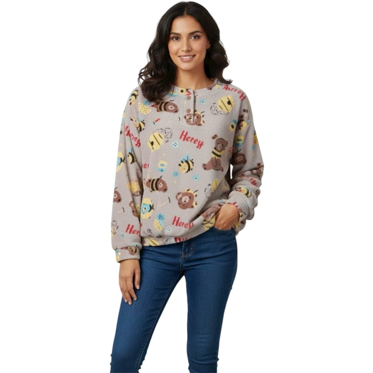 addplus Women’s Cute Teddy Bear Bee Print Fleece Pullover, Soft Winter Nightwear, Fun Graphic Lounge Top, Size L-picture-23