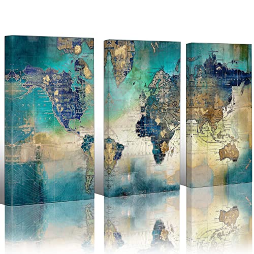 Image of Pogusmavi Canvas Wall Art for Living Room - World Map Wall Decor - Large Wall Art for Bedroom - Office Artwork - Map Wall Art 16 inchx32 inch 3 Piece Canvas Wall Art
