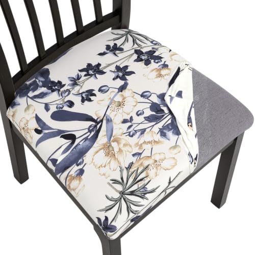 Image of SearchI Seat Covers for Dining Room Chairs Stretch Printed Chair Seat Covers Set of 4, Removable Washable Upholstered Chair Seat Protector Cushion Slipcovers for Kitchen, Office(Blue Flowers)