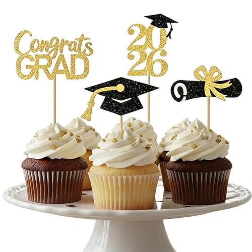 24 Stück Doktorhut Graduation Deko, 2026 Abschlussfeier Cupcake Toppers, Bachelor Hut und Absolventenhut Dekoration für Akademische Feierlichkeiten, Bereits Montierte Dessert Deko Elemente