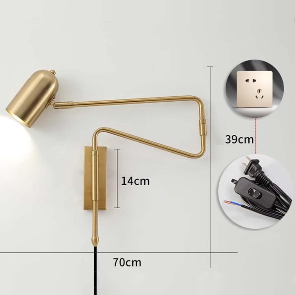 Retro Wandlampe Innen mit Schalter und Stecker Wandleuchte mit Kabel Verstellbare Lange Arm Wand Leselampe Gold Faltbar E27 Wandbeleuchtung mit Schwenkarm Nachttischlampe Drehbare,Gold