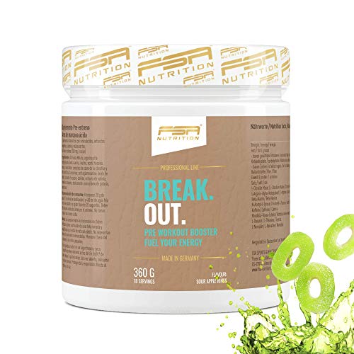 Pre-Entreno Aros de manzana acida con L-Arginina AAKG, L-Citrullina, Beta Alanina, Cafeína, Producido en Alemania - FSA Nutrition - 360 g