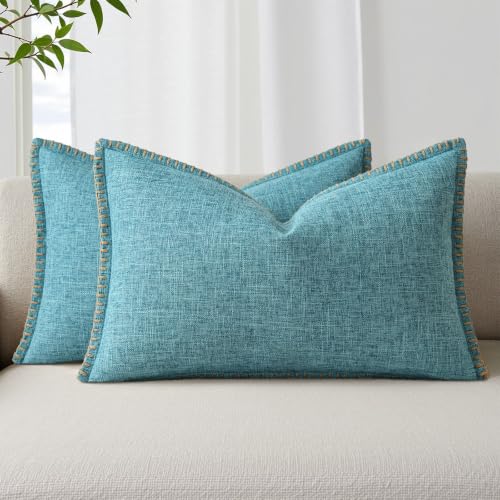 decorUhome Teal Faux Linen Outdoor Throw Pillow Covers 12x20 Set of 2