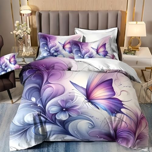 TKCQX 3D Violet Fleur Papillon Housse de Couette 90x190 Enfant GarçOn Fille Adulte Parure de Lit 90x190 Fleurs Housse de Couette 1 Personne en Microfibre avec Taie...