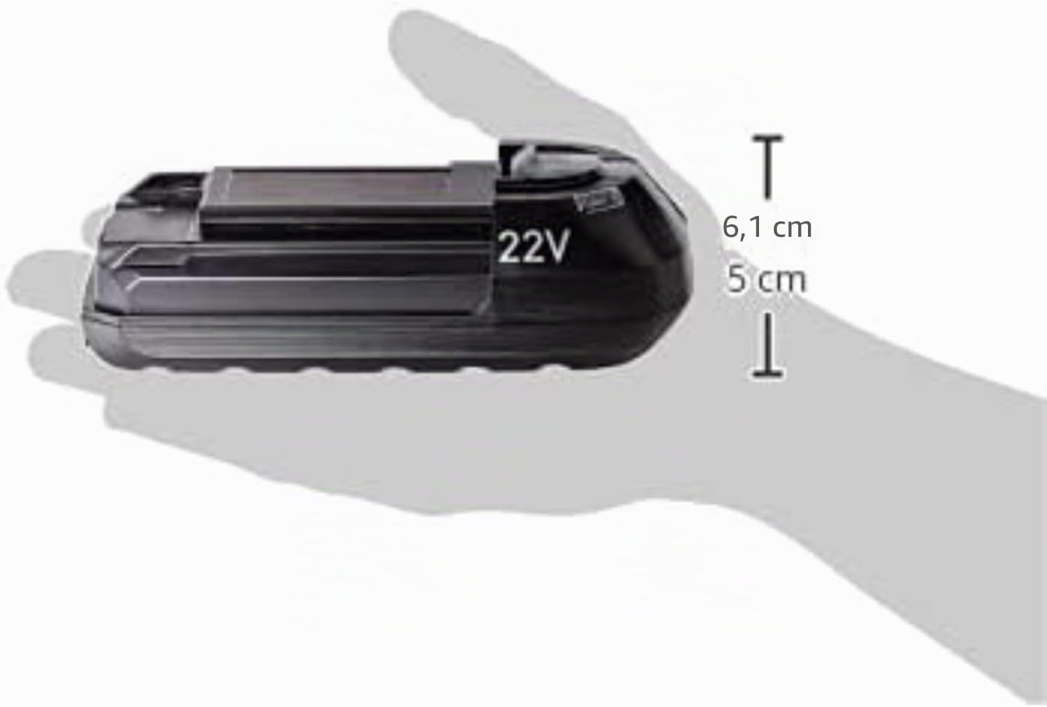 Rowenta 22V battery held in a hand, showing approximate dimensions