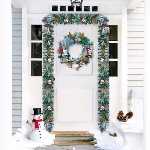 Christmas Garland, 6ft Snow Frosted Xmas Garland with Village House, Pinecones, Colorful Balls, Artificial Holiday Garland for Stairs, Fireplace, Mantle, Front Door Decor