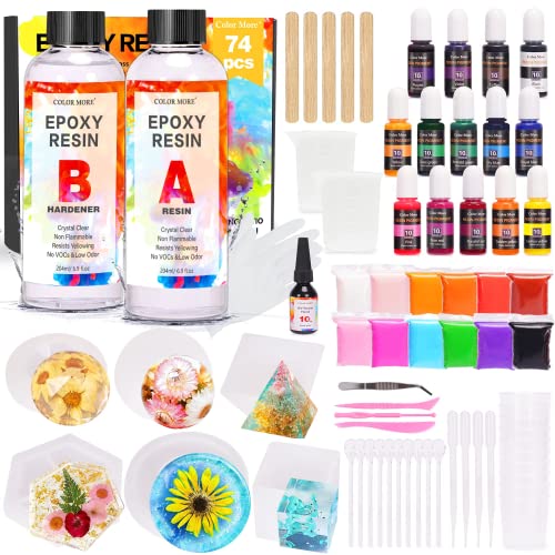 Epoxy Resin Kit,Cast Resin 13.8 Ounce, 1 UV Resin,6 Resin Silicone Molds,14 Resin Pigment,Epoxy Resin Crystal Clear Kit with All Tools for Art,Crafts,DIY, Easy Mix 1:1 Resin Epoxy Kit