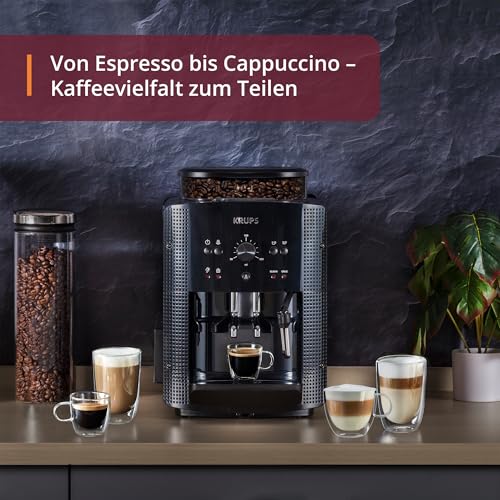 Foto von KRUPS Arabica Picto Kaffeevollautomat, kompaktes Design, einfache Bedienung, intuitiv einstellbarer Drehregler, Milchschaumdüse, 2-Tassen-Funktion, Kaffeemaschine, Schwarz, EA810870