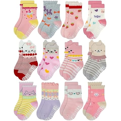 RATIVE Non Skid Anti Slip Cotton Dress Crew Socks With Grips For Baby Infant Toddler Kids Girls (6-12 Months, RG-820821) Cover